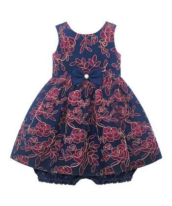 Women’S Urban Fashion American Princess Bow Accent Navy & Red Floral Younger Girls Dress