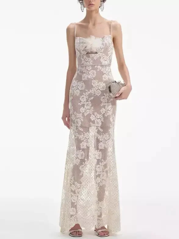 Seasonal Sale Crystal and Lace Maxi Dress with Flower Applique