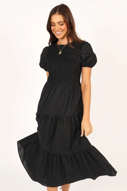 Versatile Wardrobe Essentials Naura Shirred Tiered Midi Dress - Black