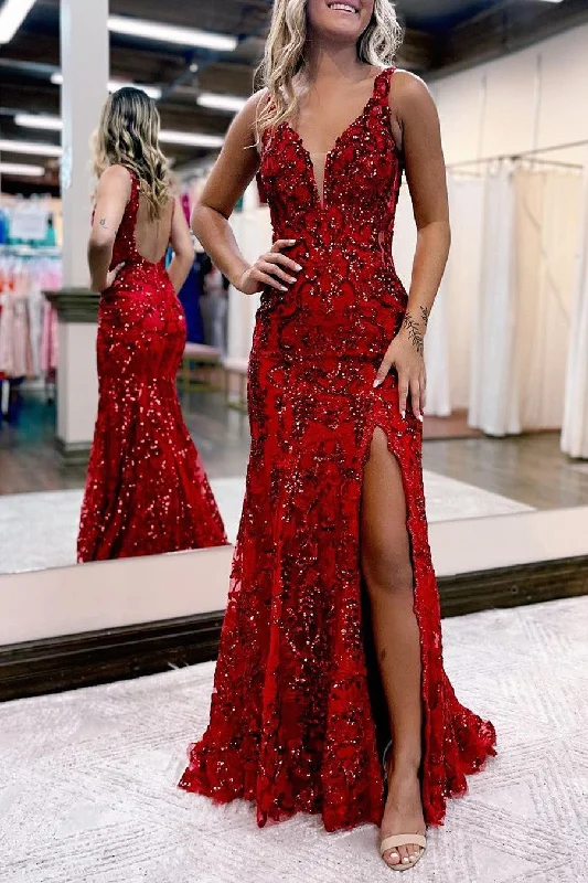 Flash Sale, Don'T Miss Gorgeous V-neck Straps Red Bodice Prom Dress Evening Gown with Slit