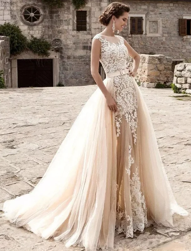 Casual Fashion Engagement Formal Wedding Dresses Mermaid / Trumpet Illusion Neck Cap Sleeve Court Train Lace Bridal Gowns With Appliques