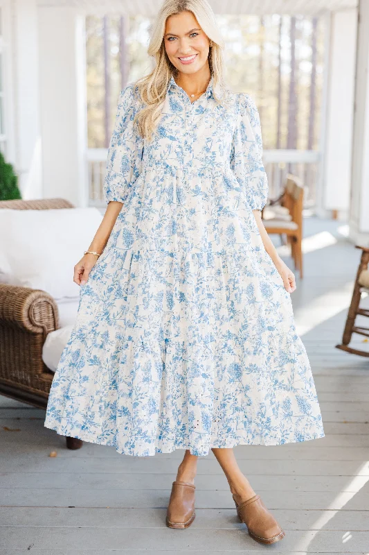 Snag Fabulous Fashion Bargains Love Found Blue Toile Tiered Midi Dress