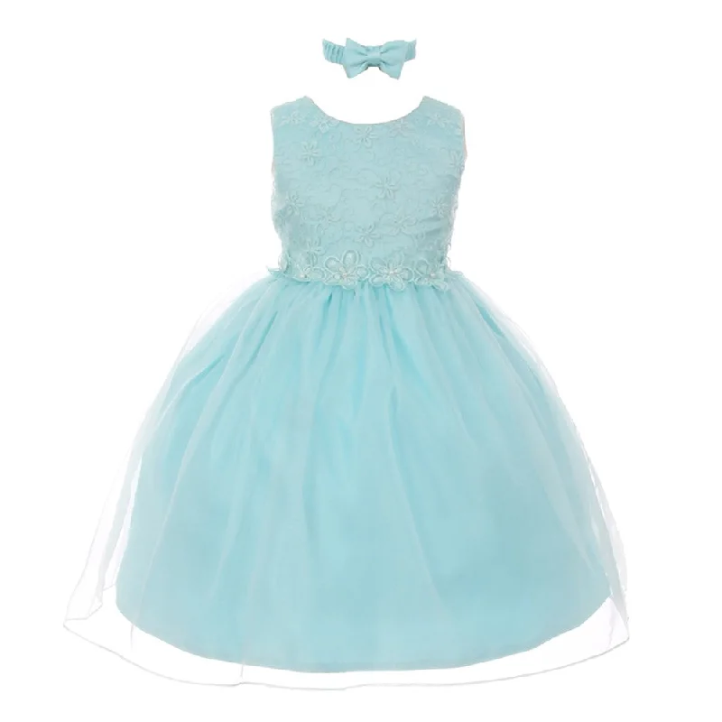 Limited Stock, Big Discounts Girls Aqua Floral Trim Organza Overlay Flower Girl Dress 6 Months-4T