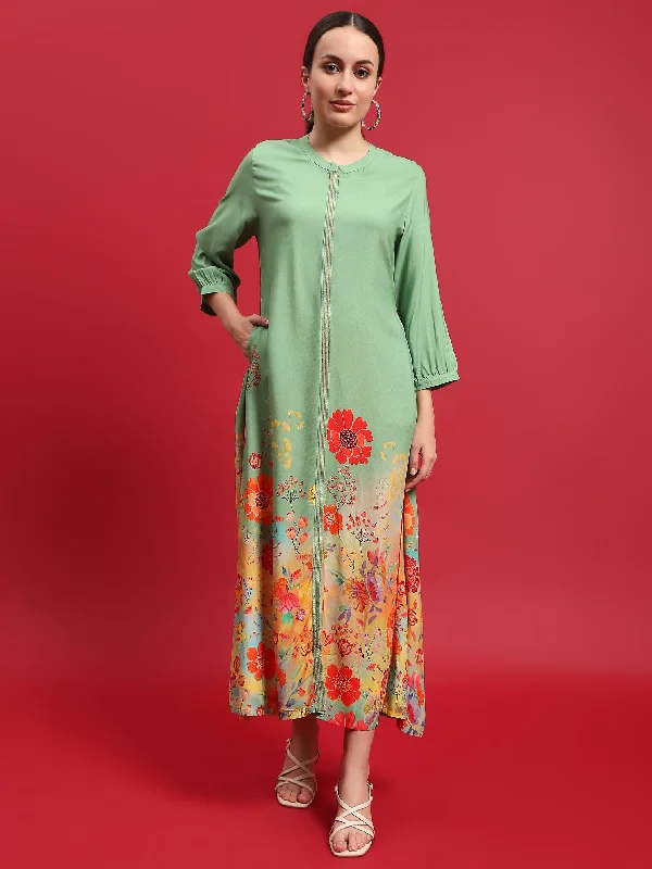 Chic Sophistication Women Liva (Rayon) Green Floral Print Dress