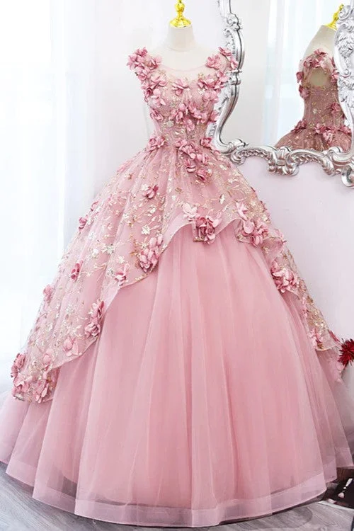 Stupidly Low Prices Cute Pink Tulle Long Prom Dress with Flowers Sweet 16 Gown