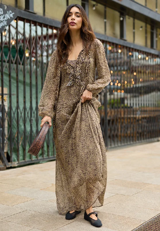 Trend Setting Threads Margot Ruffle Neck Leopard Print Maxi Dress In Brown