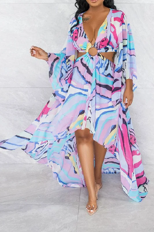 Season Transition Versatile Wear Clearance Colorful Stripe O-Ring Cutout High Low Maxi Dress