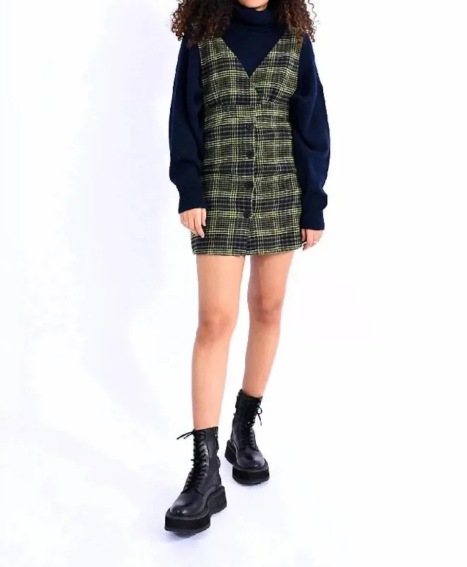 Designer Wear On Sale Plaid Jumper Mini Dress In Green