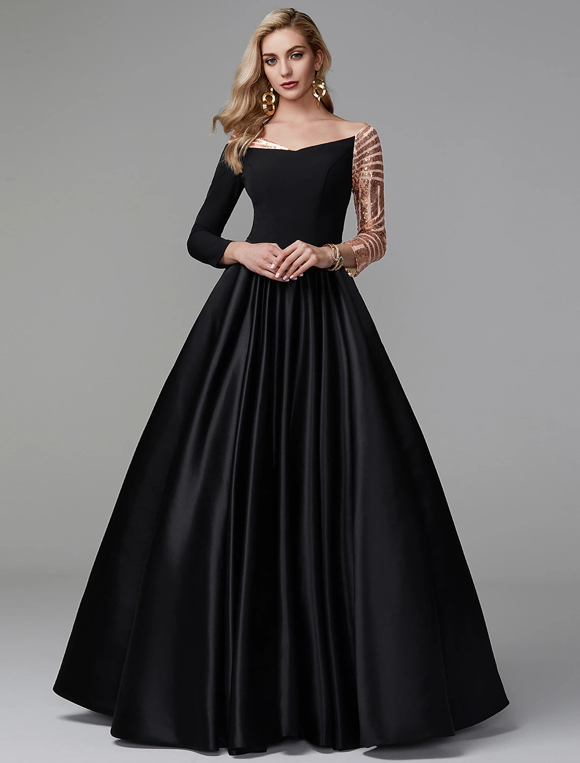 Luxury Fashion Ball Gown Black Dress Vintage Quinceanera Formal Evening Floor Length Long Sleeve Off Shoulder Satin with Sequin