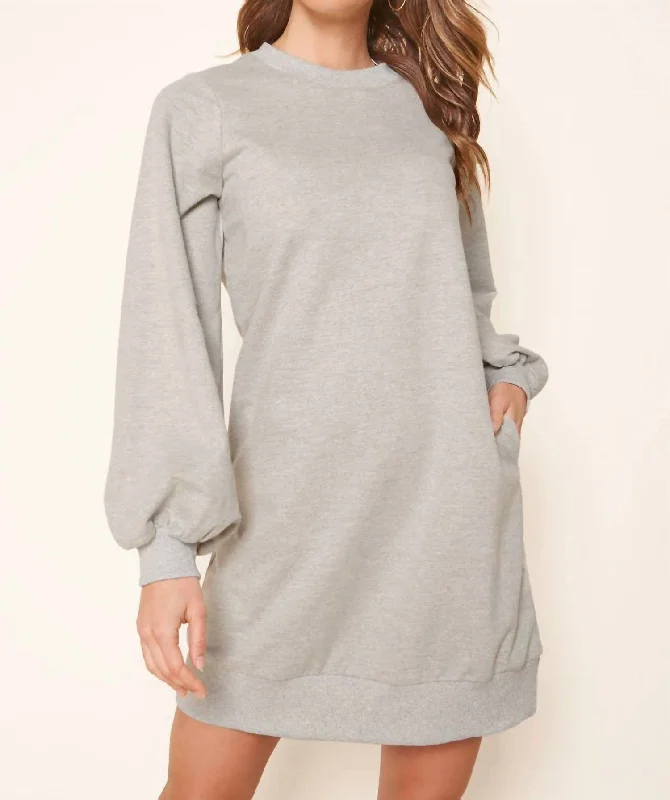 Quality Wear Deanna Balloon Sleeve Sweatshirt Mini Dress In Heather Grey