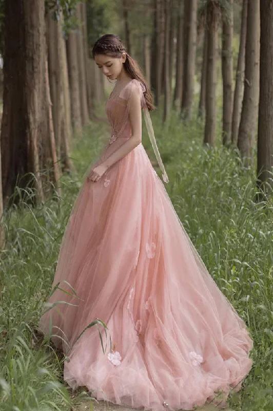 Style Breakthroughs Tulle A Line Pink 3D Flowers Charming Long Evening Gown Prom Dresses