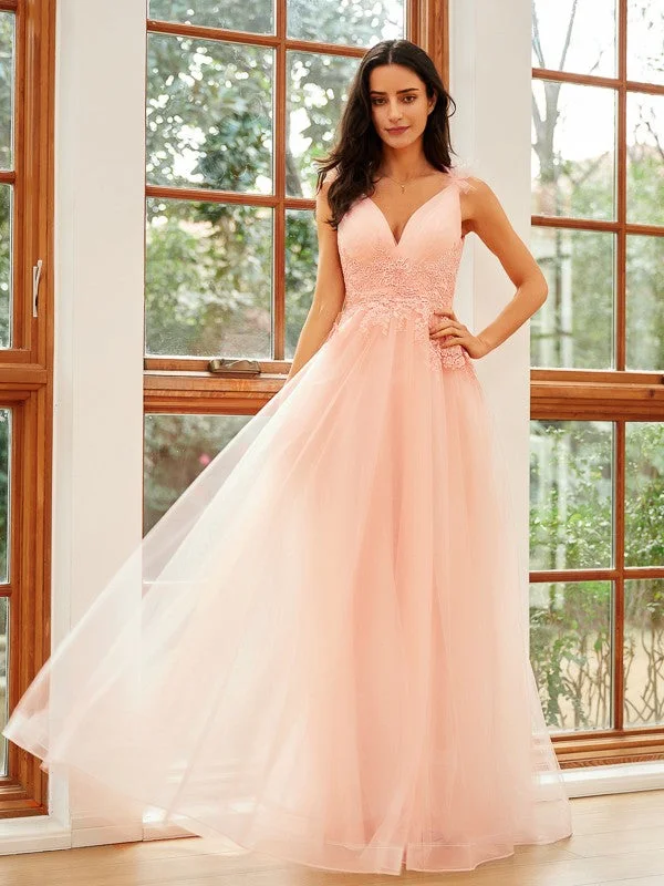 Shop Our Looks A-Line/Princess Tulle Applique V-neck Sleeveless Floor-Length Dresses