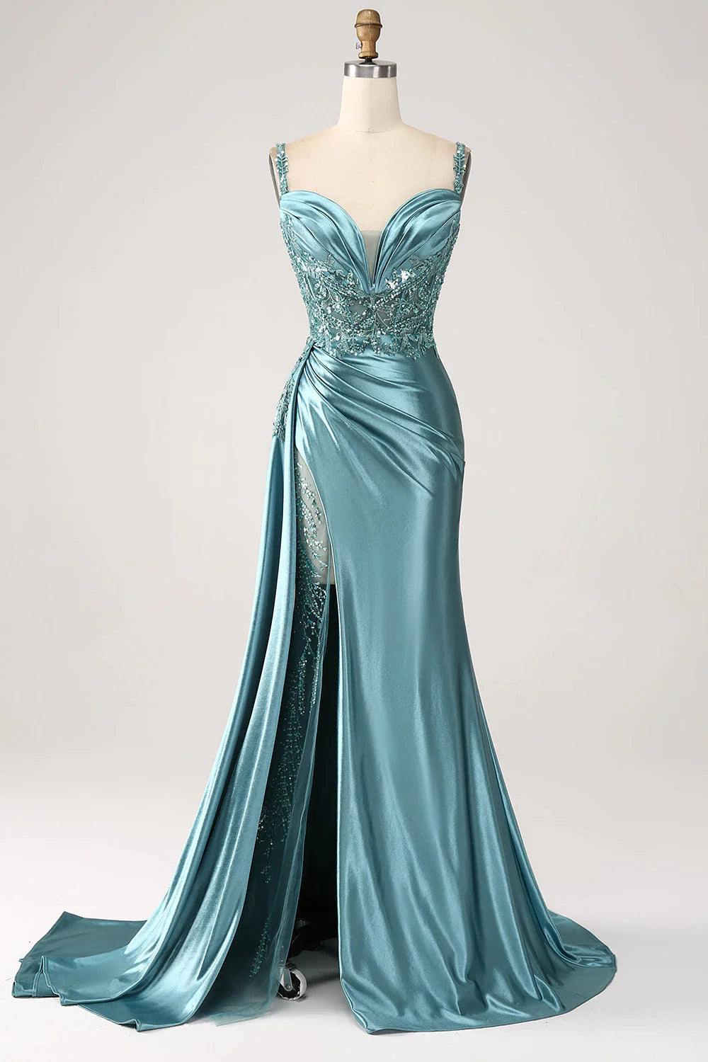 Graceful Movement Amzcw Blue Mermaid V-Neck Satin Long Appliques Sequin Prom Dress With Slit prom dresses stores