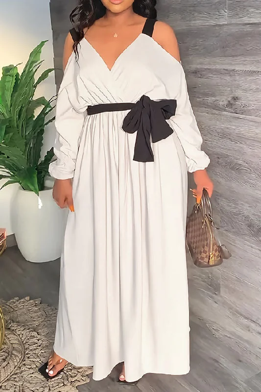 Best Deals Of The Season Solid Color Feminine Cold Shoulder Maxi Dress With Belt