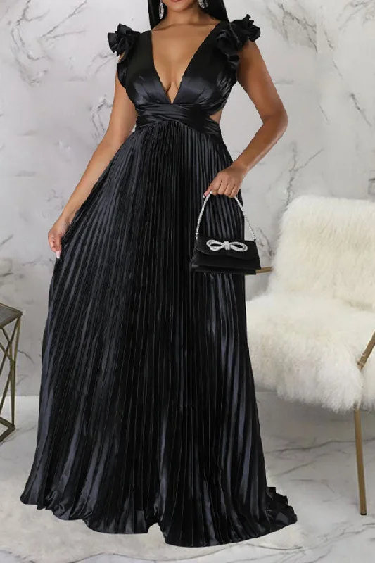 New Arrivals Solid Color Romantic Pleated Maxi Dress