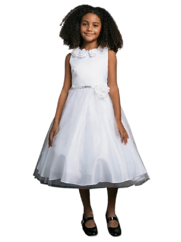 Huge Price Cut Girls White Floral Neck Rhinestone Belt Satin Tulle Dress 2-6