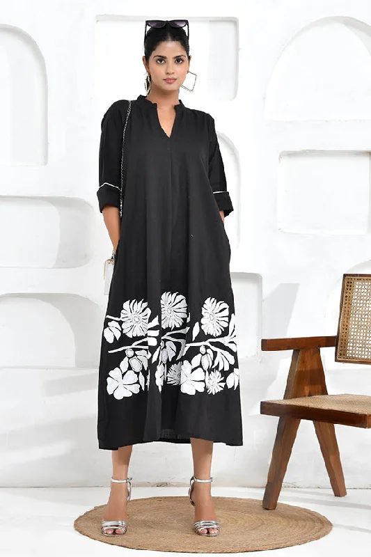 Wardrobe Upgrade Bold Black Floral Embroidered Shirt Dress