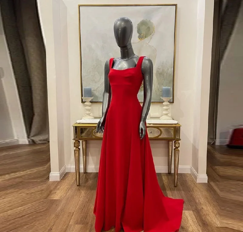 Modern Glamour A-line Red Saudi Arabia Prom Dresses Square Collar Sleeveless Evening Party Gowns Long Satin Formal Evening Dress