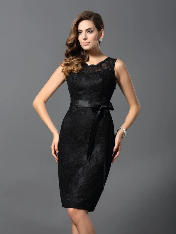 Catch Every Fashion Trend Sheath/Column Jewel Lace Sleeveless Short Satin Cocktail Dresses