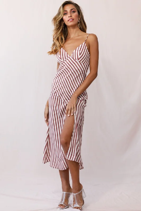 Budget Friendly Downtown Cami Strap Front Split Midi Dress Stripe Print Rose