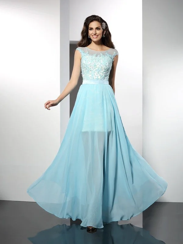 Chic Style, Always In Vogue A-Line/Princess Bateau Applique Sleeveless Long Chiffon Dresses