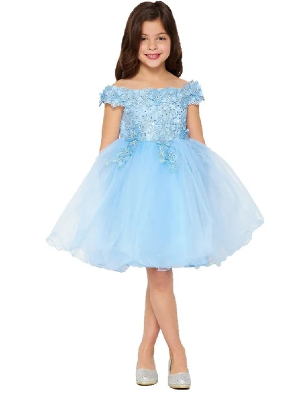 Chic And Edgy Little Girls Blue 3D Floral Sequin Tulle Off Shoulder Flower Girl Dress 2-6