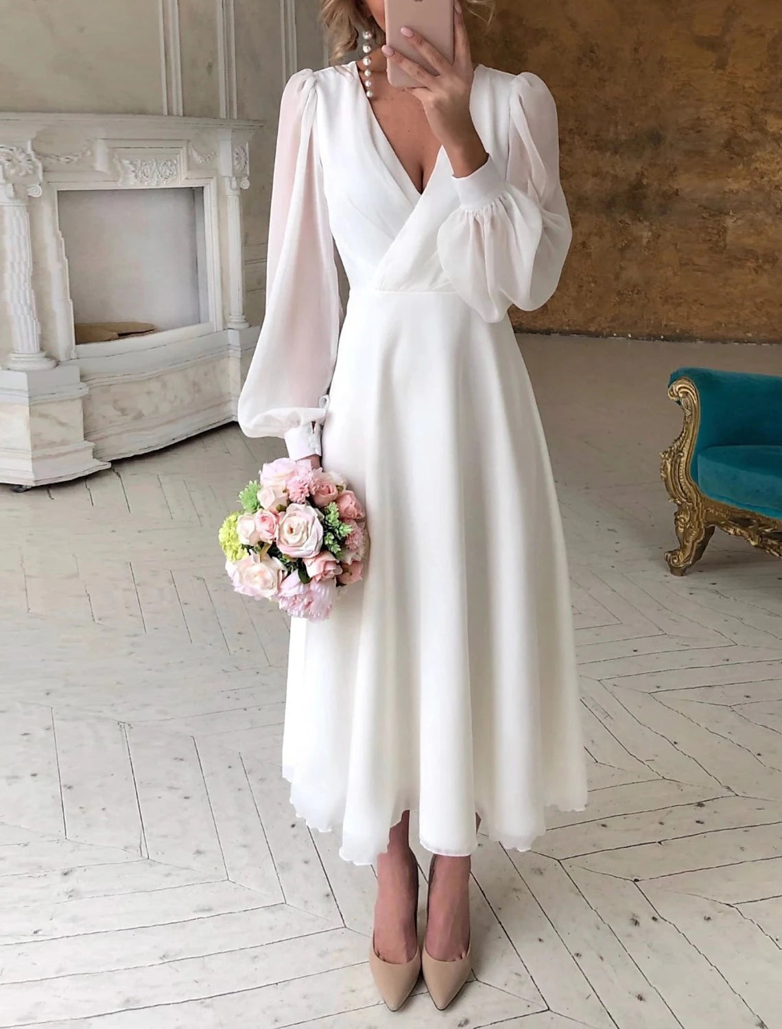 Explore What's New Simple Wedding Dresses Little White Dresses A-Line V Neck For Wedding Reception Lantern Sleeve Ankle Length Chiffon Bridal Shower Gowns With Solid Color