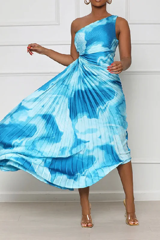 Travel Essentials Tie Dye Striking One Shoulder Pleated Irregular Maxi Dress