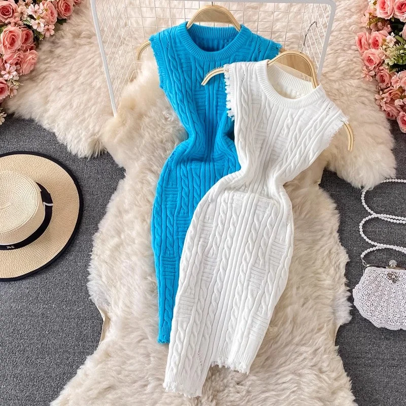 Quality Wear Irregular Sleeveless Vest Knitted Dress Round Neck  Sweater Skirt Women      S4302