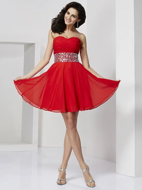 Trend Setting Threads A-Line/Princess Sweetheart Sleeveless Rhinestone Short Chiffon Homecoming Dresses