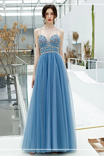 Fashion Essentials Sexy Spaghetti Straps Long Tulle Prom Gown Unique Beading Prom Dresses N2666