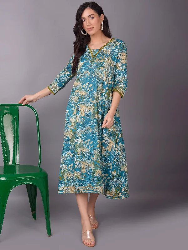 High-End Women’S Wear Women Blue Floral Printed Dress