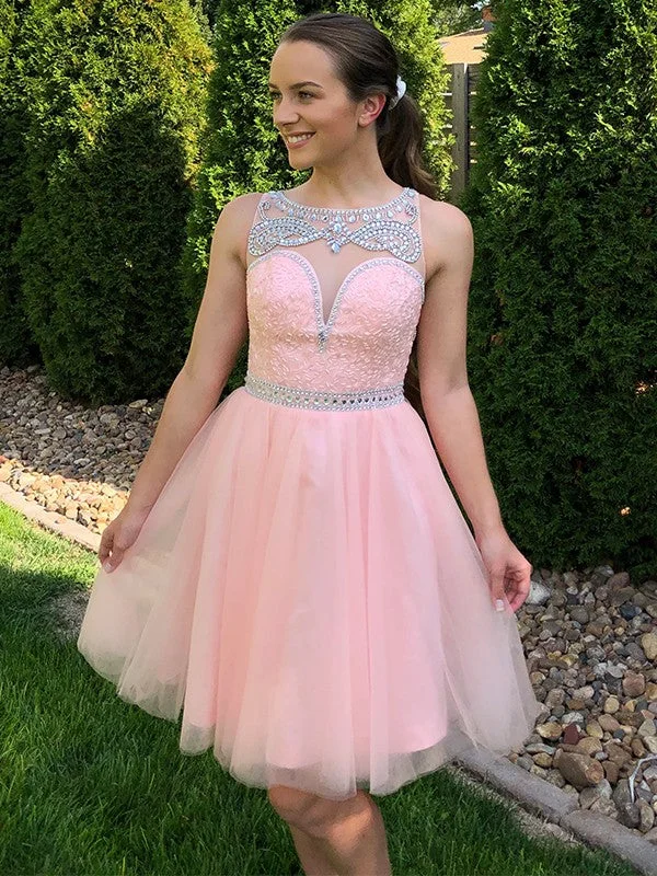 Elevate Your Wardrobe A-Line/Princess Scoop Tulle Sleeveless Beading Short/Mini Homecoming Dresses