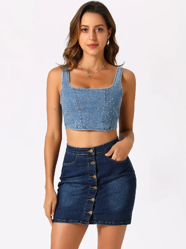 Beat The Heat In Tropical Styles Denim Sleeveless Glitter Bustier Jean Cropped Tank Top