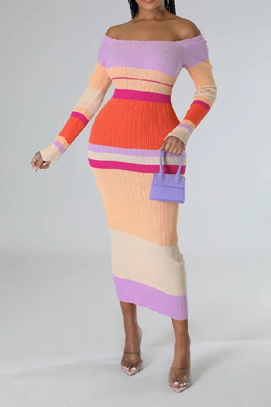 Fashion Sale Hit Color Striped Classic Knitted Maxi Dress