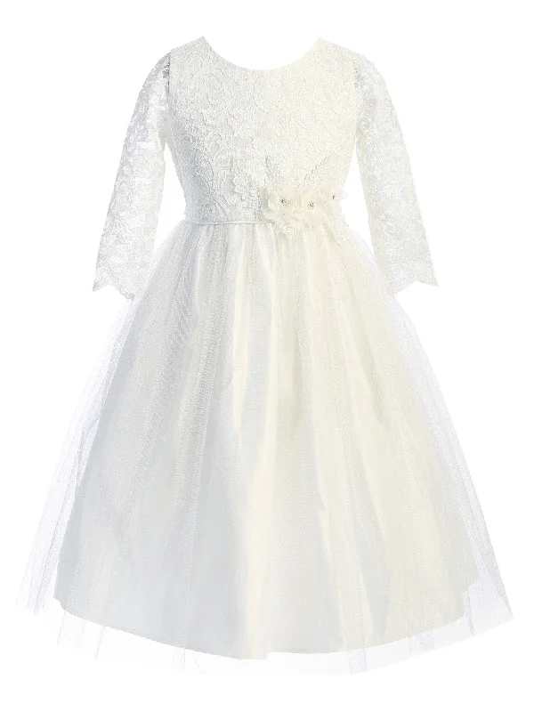 All Season Basics Discount Little Girls Off White Floral Patch Waist Lace Flower Girl Dress 2-6