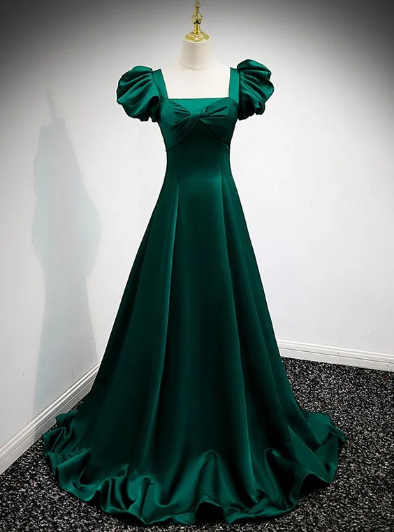 Wardrobe Essentials Green Satin Square Puff Sleeve Pleats Prom Dress       S5314