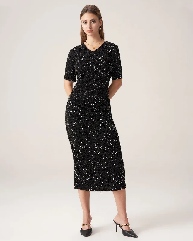 Brand Name Clothing Discount Extravaganza Bettydress Black Polka Dot V-Neck Midi Dress