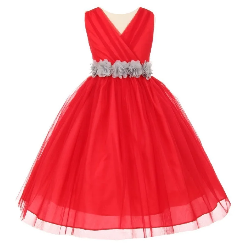 Exclusive Discounts Little Girls Red Silver Chiffon Floral Sash Tulle Flower Girl Dress 2-6