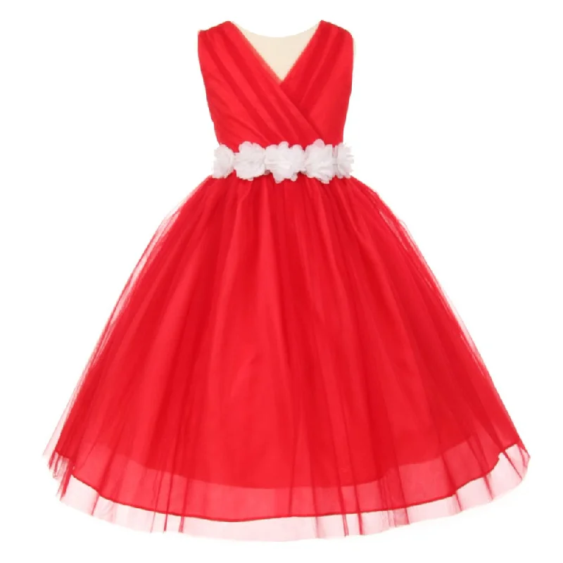 Unbeatable Prices Little Girls Red White Chiffon Floral Sash Tulle Flower Girl Dress 2-6