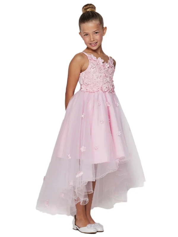 Unleash Your Trendy Side Little Girls Pink 3D Floral Appliques Satin Tulle Flower Girl Dress 2-6