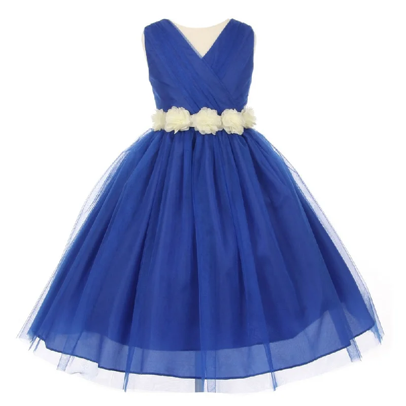 Daily Deals Little Girls Royal Blue Ivory Chiffon Floral Sash Tulle Flower Girl Dress 2-6