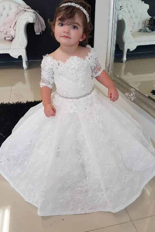 Buy More, Save More Half Sleeves Flower Girl Dresses Kid Ball Gown White Fluffy Lace Flower Girl Dresses with Flowers