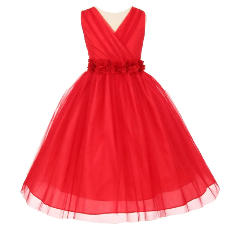 Flash Sales Little Girls Red Chiffon Floral Sash Crystal Tulle Flower Girl Dress 2-6