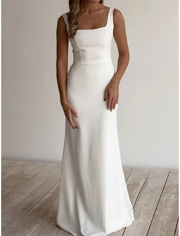 The Latest Trends Beach Casual Wedding Dresses Sheath / Column Square Neck Sleeveless Floor Length Stretch Fabric Bridal Gowns With Sash / Ribbon