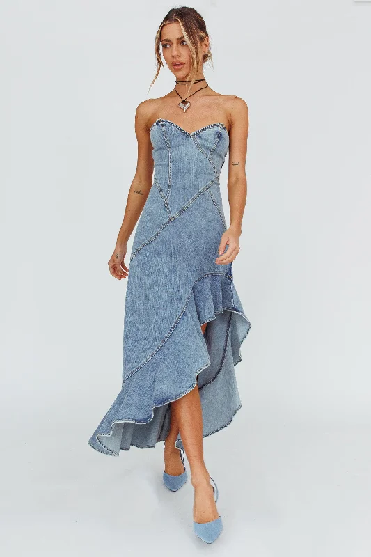 Evening Elegance Moon Sweetheart Neckline Ruffle Midi Dress Denim