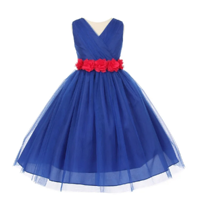 Don'T Miss Out Little Girls Royal Blue Fuchsia Chiffon Floral Sash Tulle Flower Girl Dress 2-6