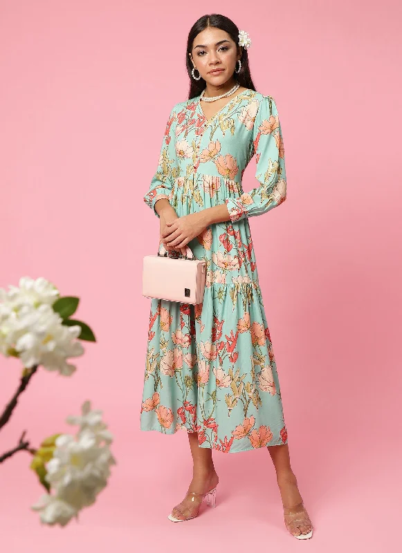 Colorful Clothing Women Blue Floral Printed Dress