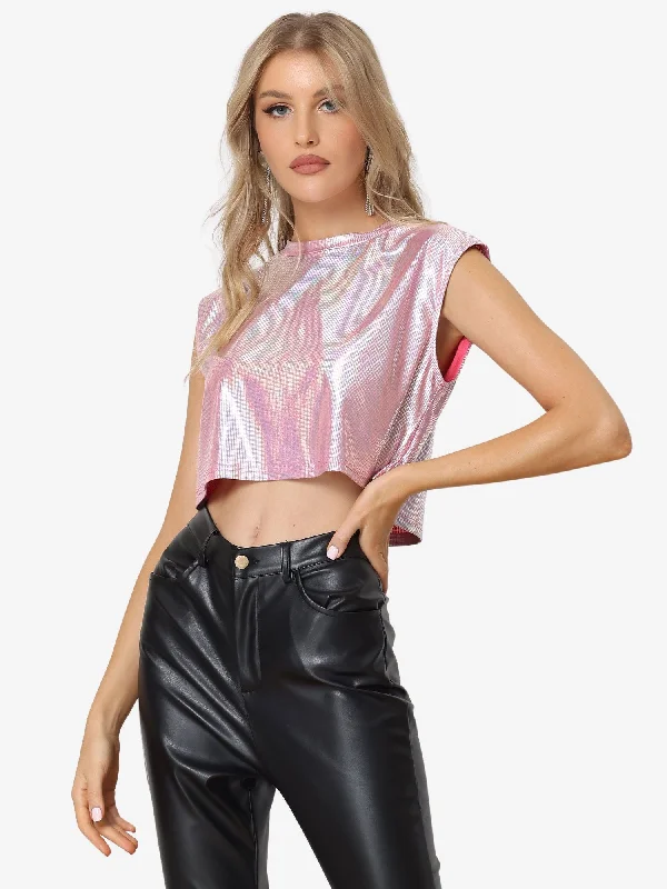 Anniversary Sale Metallic Round Neck Party Sleeveless Holographic Crop Tank Top