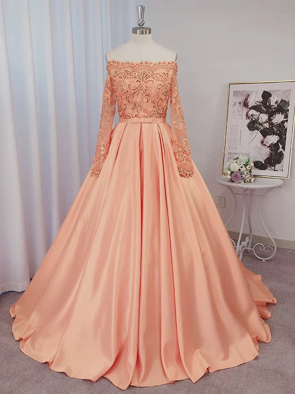 End-Of-Season Clearance Ball Gown Satin Long Sleeves Beading Off-the-Shoulder Court Train Dresses